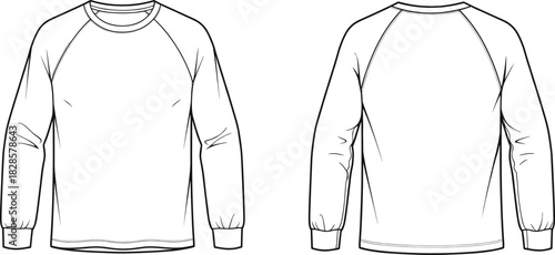 Cad drawing flat vector illustration, technical fashion sketch, raglan shirt front back view, crew neckline, ribbed cuffs hem design