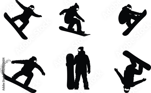 Dynamic Snowboarder Action Vector Silhouette Collection Set Illustrating Various Tricks, Jumps, and Grabs on a Snowboard, Ideal for Winter Sports, Action, and Extreme Leisure Concepts