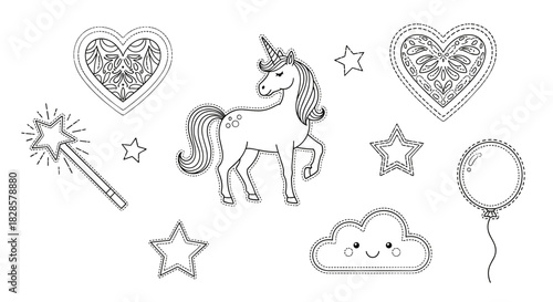 Charming black and white line art collection of magical elements: unicorn, decorative hearts, stars, magic wand, smiling cloud, balloon.