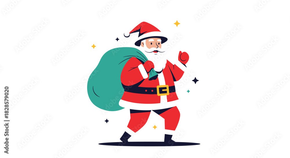 Fototapeta premium Santa Claus cheerfully walks with a sack full of gifts, giving a thumbs-up, embodying the festive spirit of Christmas.
