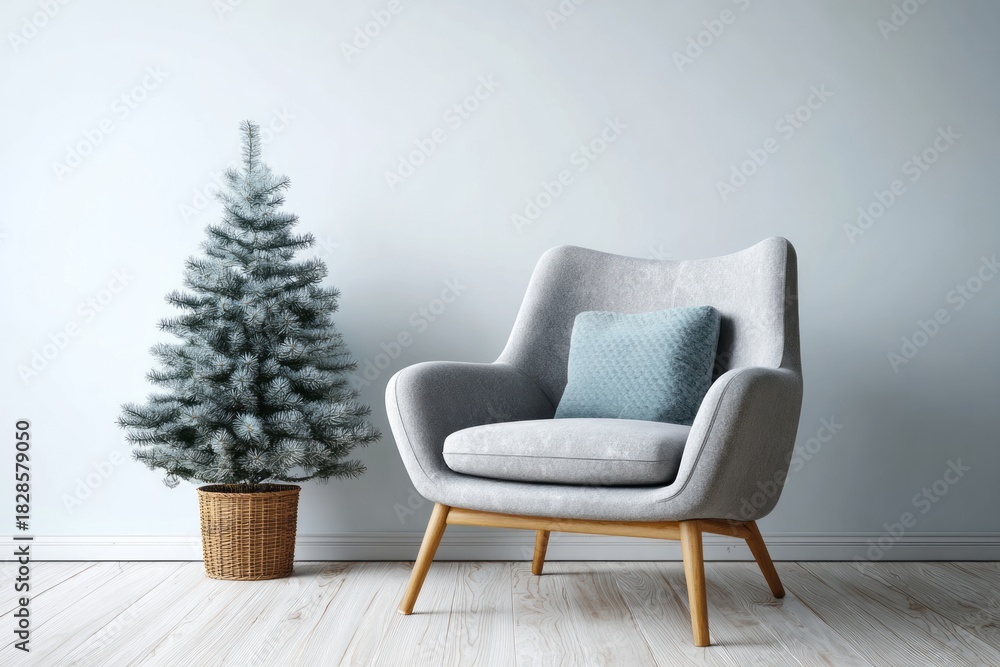 Fototapeta premium Cozy armchair with decorative fir tree in minimalist interior.