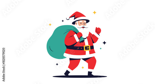 Santa Claus cheerfully walks with a sack full of gifts, giving a thumbs-up, embodying the festive spirit of Christmas.