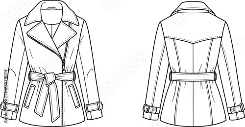 Cad drawing flat vector illustration, technical fashion sketch, trench coat front back view, belted waist lapel collar, garment design