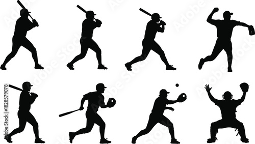 Dynamic Baseball Player Action Vector Silhouette Collection Set Illustrating Various Poses, Including Batting, Pitching, Running, and Catching for Sports and Athletic Design Concepts