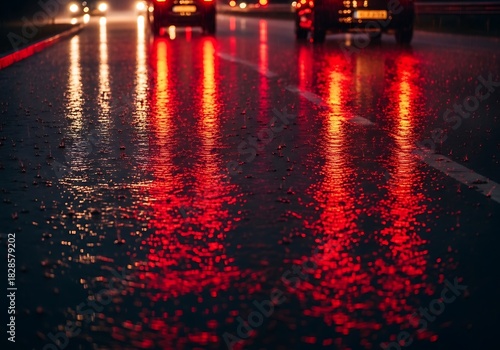Rainy Night Highway with Red Brake Lights