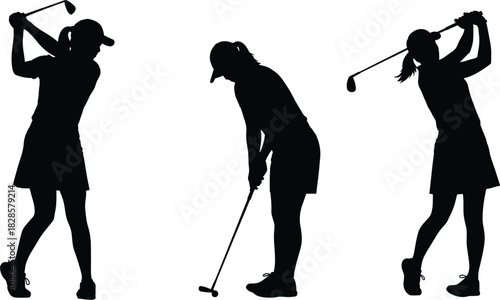 Female Golf Player Silhouette Vector Set Illustrating Various Action Poses of a Woman Swinging the Club, Including Driving and Putting Stances for Sports and Leisure Design