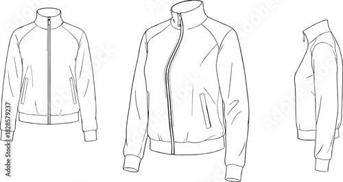 Cad drawing flat vector illustration, technical fashion sketch, zip-up jacket multi-angle view, ribbed hem cuffs collar, garment template