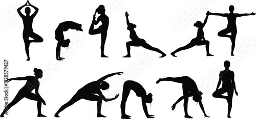 Diverse Yoga Pose Silhouette Vector Collection Set Illustrating Various Asanas, Including Tree, Warrior, and King Pigeon Poses for Health, Wellness, Meditation, and Fitness Concepts
