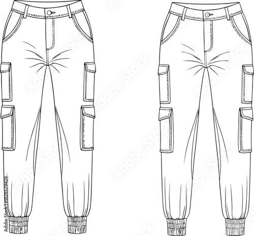 Cargo pants technical sketch, front view fashion flat drawing, flap pocket and elastic cuff detail, cad drawing flat vector illustration
