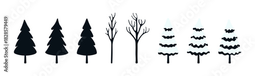 Spruce, fir trees covered with snow, bare trees isolated on transparent. Hand drawn flat vector illustration. Traditional Christmas, New Year, winter, seasonal design element, holiday clip art set