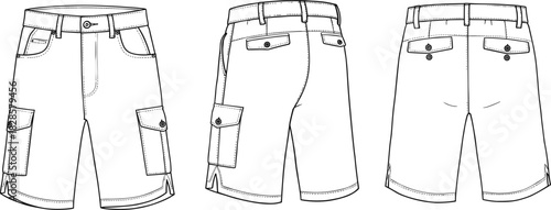 Cargo shorts technical sketch, front back side view, flap pocket flat drawing, garment CAD fashion vector illustration template