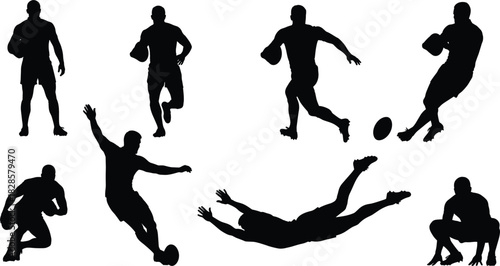 Dynamic Rugby and Football Player Silhouette Vector Collection Set Illustrating Various Action Poses, Including Running, Kicking, Diving, and Tackling for Sports and Competition Design