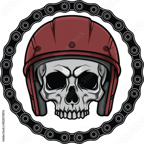 Motorcycle Skull Emblem with Helmet and Chain