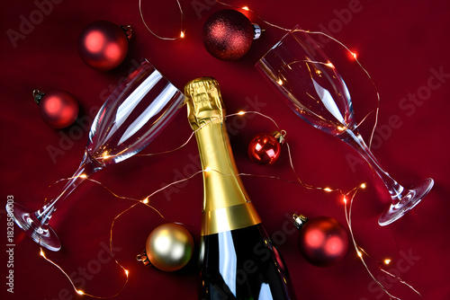 Champagne bottle with glasses and christmas decorations on red background