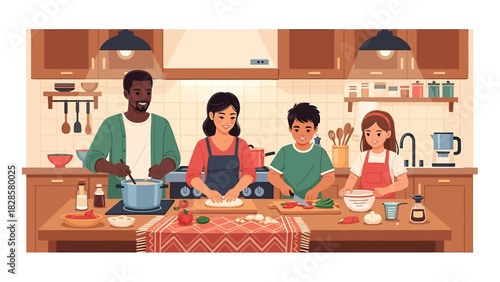 A diverse family cooking together in a modern kitchen, preparing a meal with various ingredients and utensils, enjoying a shared activity.