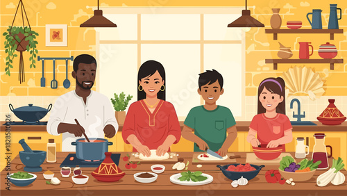 A diverse family happily cooking a delicious meal together in a vibrant kitchen, showcasing teamwork and culinary bonding.