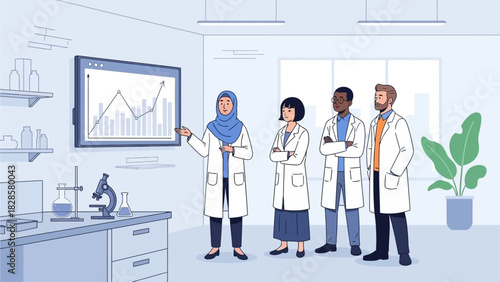 A diverse group of scientists in lab coats presenting and discussing data on a large screen in a modern laboratory setting.