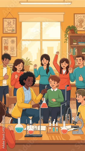 Diverse group of children and adults conducting a science experiment in a classroom, with a teacher assisting a boy in a wheelchair.