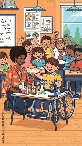 A diverse group of enthusiastic children and their teacher conducting a science experiment in a classroom, featuring a boy in a wheelchair actively participating.