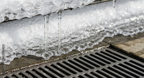 Icicles dripping from a frozen gutter onto a metal drain grate