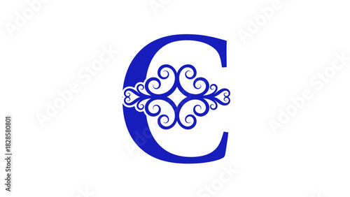 Stylized blue capital letter C with an ornate, decorative filigree swirl design on a white background.