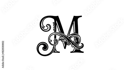 Elegant black capital letter M with decorative Victorian-style flourishes on a white background.