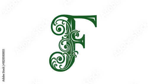 An ornate green letter F with intricate floral swirls and filigree scrollwork on a white background.