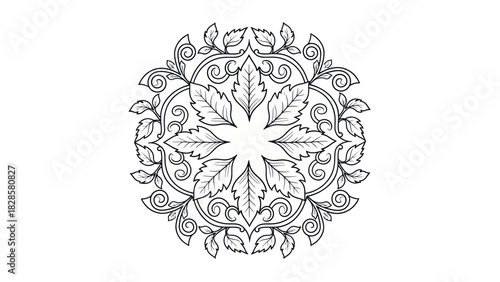 Intricate floral mandala design featuring stylized leaves and swirling patterns, presented in a monochrome line art style on a white background.
