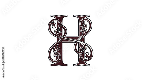 An ornate capital letter H with elegant vintage swirls and decorative flourishes on a white background.
