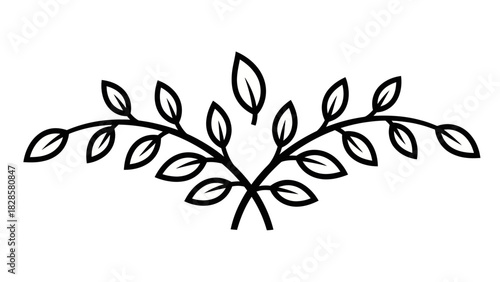 Stylized black and white symmetrical botanical flourish with elegant leafy branches.