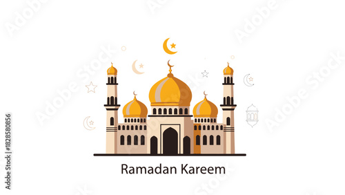 Illustration of a mosque with golden domes and minarets against a white background, with crescent moons and stars, and the text "Ramadan Kareem".