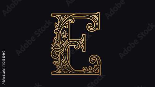 An ornate, vintage capital letter E decorated with intricate floral swirls and a fleur-de-lis on a dark background.