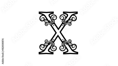 A decorative capital letter X in a black and white ornate, vintage style with elegant swirls and flourishes.
