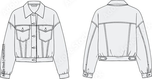 Denim jacket technical sketch, front and back view, button-down fashion flat drawing, garment CAD vector illustration template