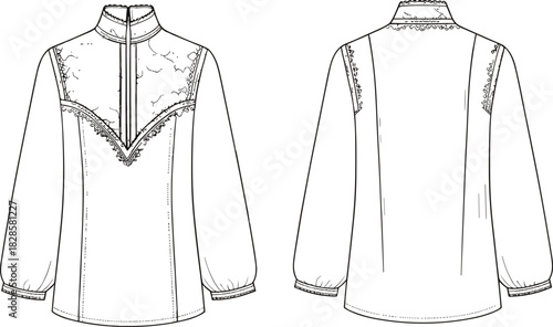 Decorative blouse technical sketch, front and back view fashion flat drawing, lace detail and slit collar, cad drawing flat vector illustration