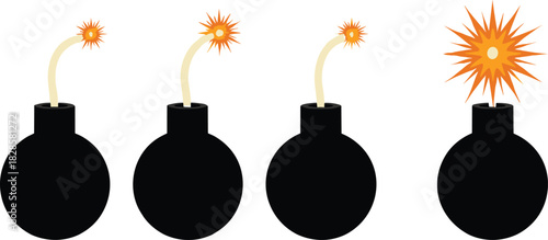Cartoon Bomb Countdown Animation Frames Vector Set, Showing Lit Fuse, Ignited Spark, and Final Explosion for Danger and Urgent Icons