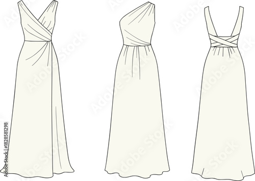 Elegant dress trio fashion illustration, sleeveless one-shoulder crisscross bodice styles, front view flat drawing CAD vector design
