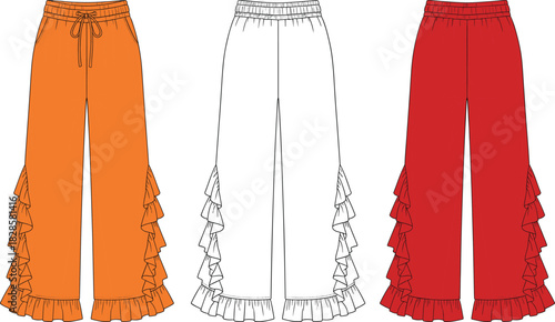 Fashion illustration and technical sketch, ruffle wide-leg pants trio, drawstring waist variation, layered hem detail, garment design