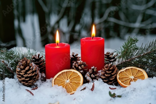 Red advent candles illuminating a festive winter scene with pine cones, dried orange, and evergreen branches in fresh snow, offering copy space