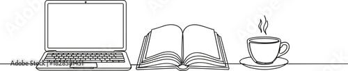 Continuous line drawing laptop, open book, and coffee cup, study work comfort concept, minimalist vector art