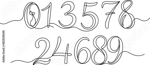 Continuous one line drawing numbers set, 0 to 9 digits, minimalist vector typography, modern handwritten font