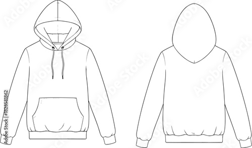 Hooded sweatshirt technical sketch, front and back view fashion flat drawing, kangaroo pocket detail, cad drawing flat vector illustration