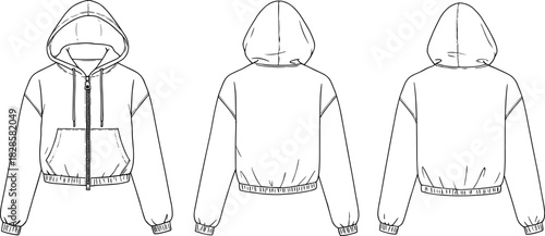Hooded zip-up jacket technical sketch, front back side view, patch pocket flat drawing, garment CAD fashion vector illustration