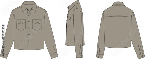 Jacket technical sketch, front side back view, button-down fashion flat drawing, garment CAD template, vector apparel illustration