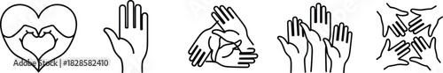 Line art hand icons set, teamwork, unity, and collaboration symbols, community help vector outline