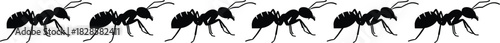 Line of black marching ants, insect silhouette border, teamwork and cooperation concept, seamless vector design