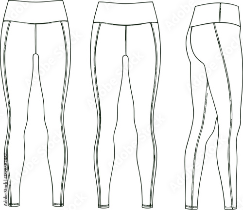 Leggings technical sketch, front back side view, contour seam panel design, high waist flat drawing, garment CAD vector illustration