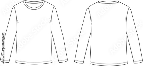 Long sleeve crew neck shirt technical sketch, front and back view, fashion flat drawing, apparel design template, cad drawing flat vector illustration