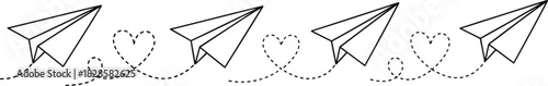 Paper airplane heart trails border, love message line art vector, travel romance design element