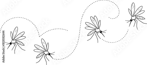 Mosquitoes Flying with Dotted Flight Paths Vector Illustration, Representing Insect Pests, Disease Spread, Summer Annoyance, and Pest Control Graphic